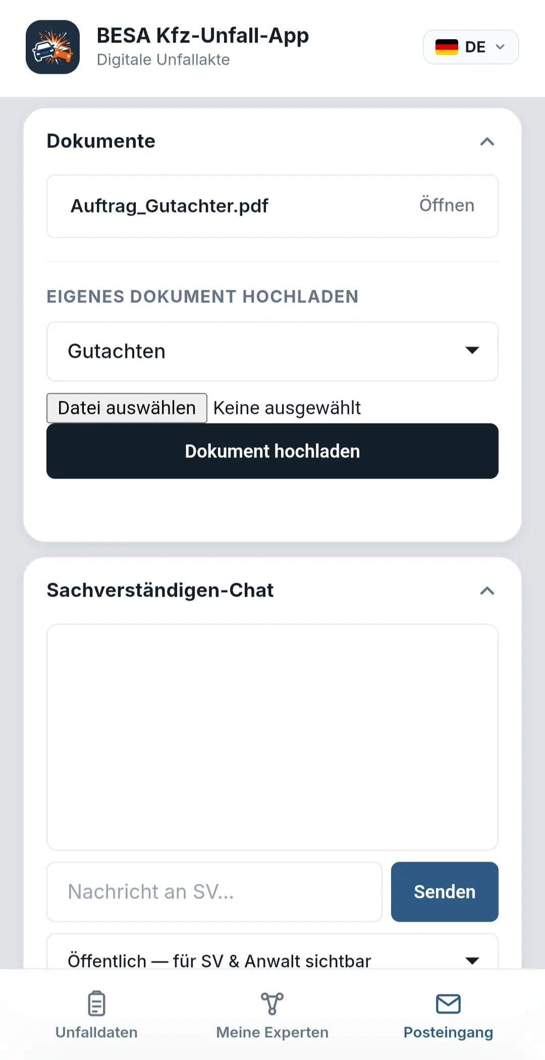 Posteingang mit Schreiben der Versicherung in der Unfallakte
