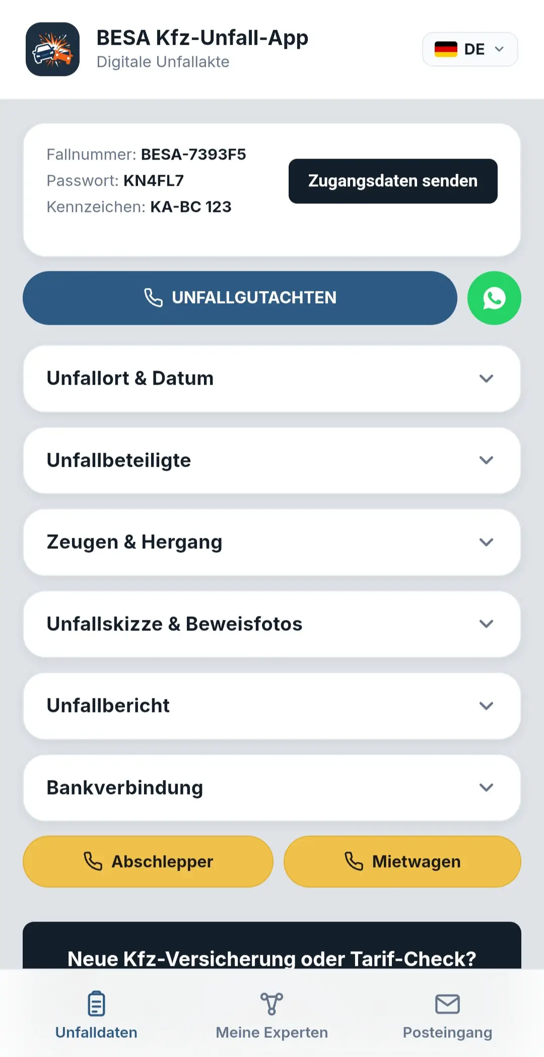 Überblicksansicht der digitalen Unfallakte in der BESA Kfz-Unfall App