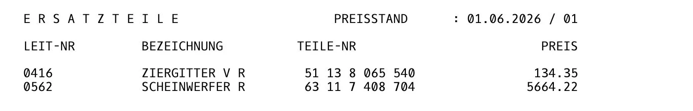 Ersatzteilliste des Gutachtens 26.050 mit Ziergitter für 134,35 Euro und Scheinwerfer für 5.664,22 Euro