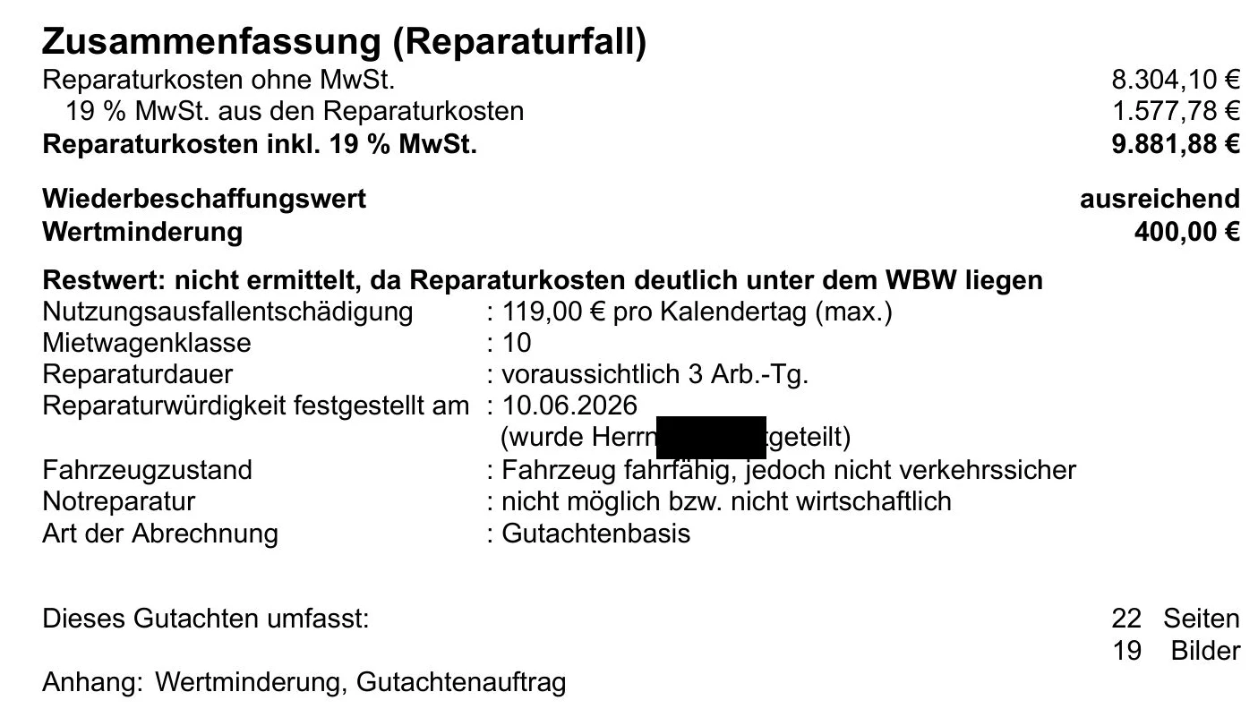 Zusammenfassung des Gutachtens 26.050: Reparaturkosten 9.881,88 Euro, Wiederbeschaffungswert ausreichend, Wertminderung 400 Euro