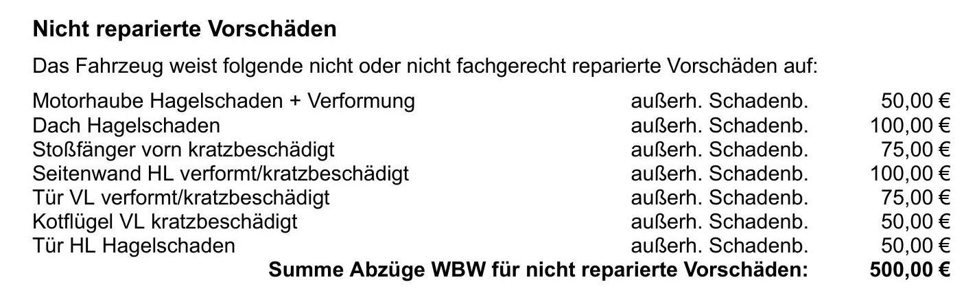 Aufstellung nicht reparierter Vorschäden im Gutachten 26.057 mit sieben Einzelpositionen und einer Summe von 500 Euro