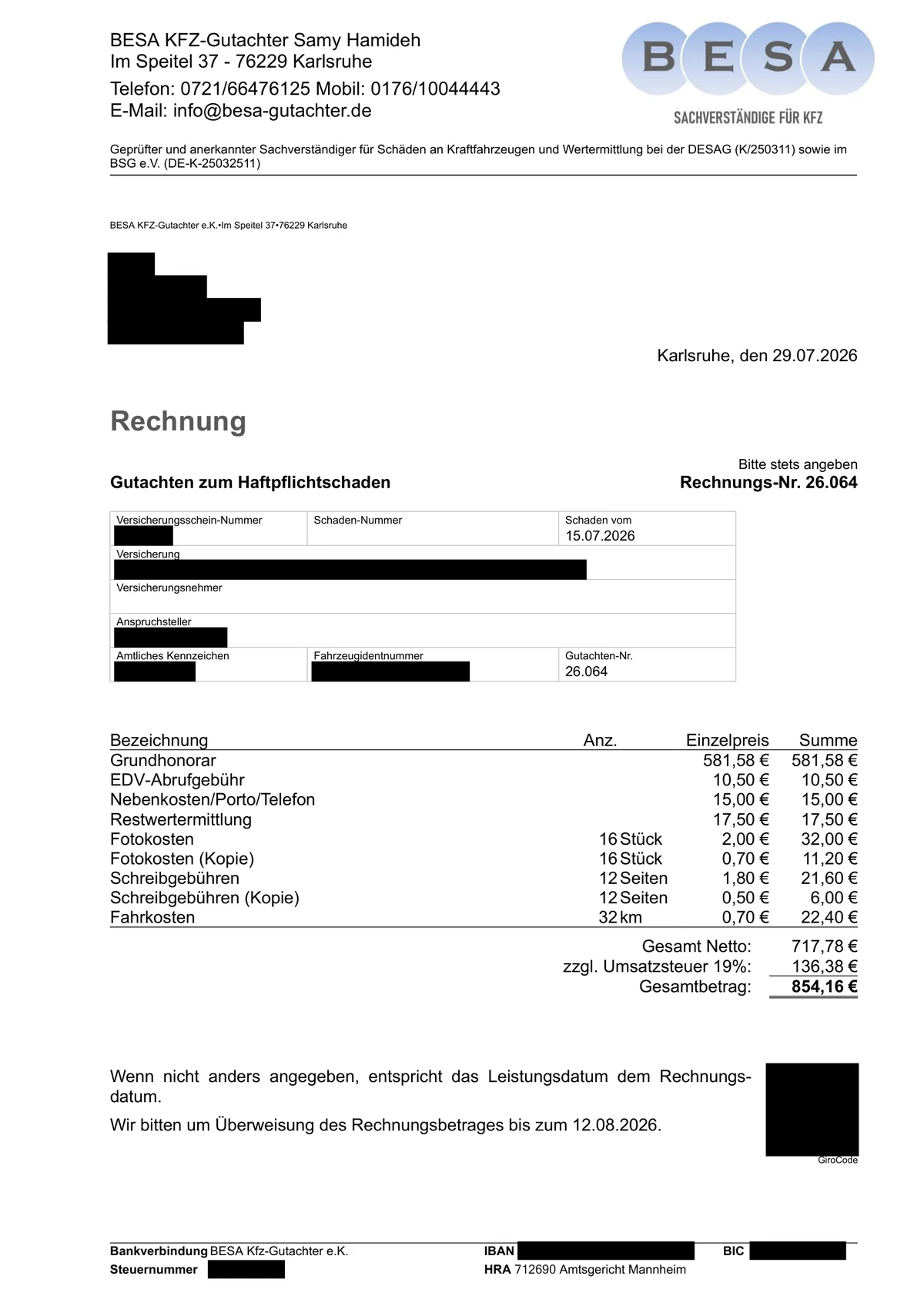 Anonymisierte Rechnung eines Kfz-Gutachtens über 854,16 Euro brutto