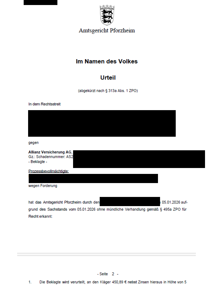 Urteil Amtsgericht Pforzheim gegen Allianz – Nachzahlung Gutachterhonorar | BESA Kfz-Gutachter Urteil Amtsgericht Pforzheim gegen Allianz – Nachzahlung Gutachterhonorar | BESA Kfz-Gutachter