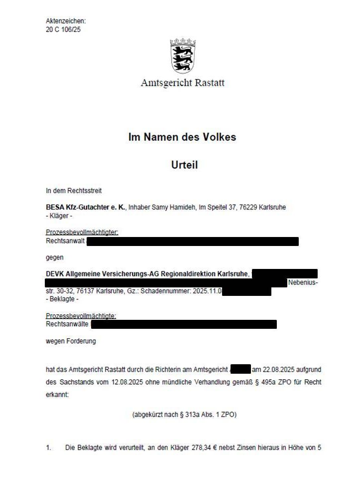 Urteil Amtsgericht Rastatt gegen DEVK – Nachzahlung Gutachterhonorar | BESA Kfz-Gutachter